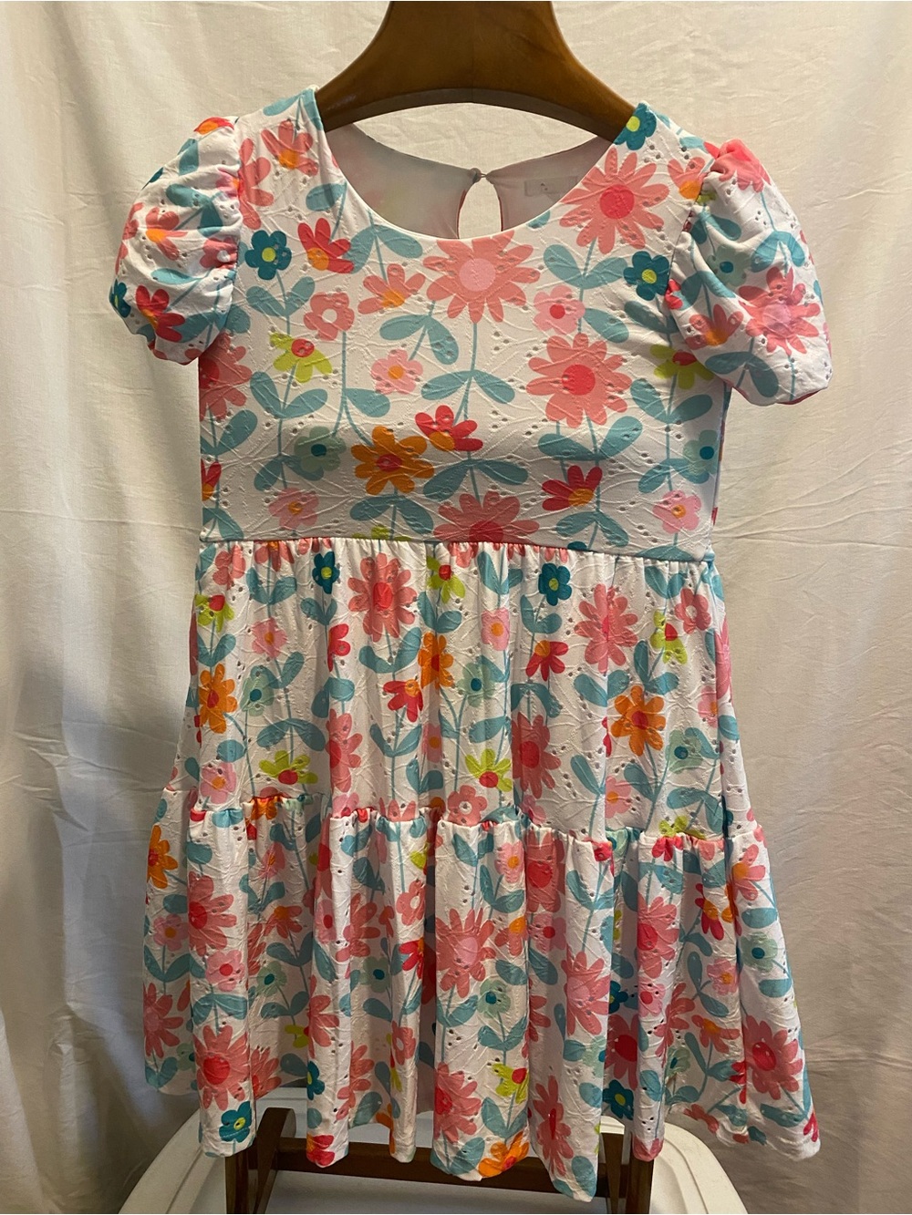 Ag Adriano Goldschmied White Floral Tiered Dress with Pink & Teal Flowers
